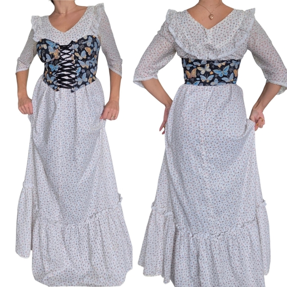 VTG 80s Carol Bennett White Ditsy Floral Hawaiian Muumuu Maxi Dress S/M Cottage - Picture 3 of 16